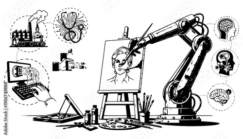 Robot painting a portrait with a brush on an easel