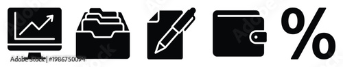 Business and finance vector icons for professional reports, economic analysis, growth charts, document management, payment wallets, and financial percentages for digital media