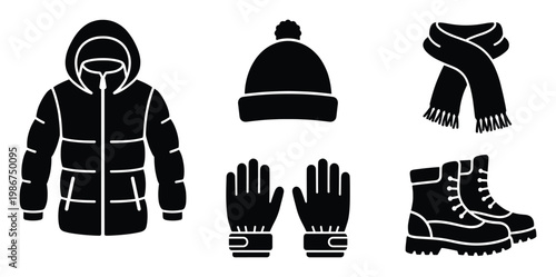 Essential winter apparel collection featuring a hooded puffer jacket, warm beanie, cozy scarf, protective gloves, and durable insulated boots, perfect for cold climate activities and