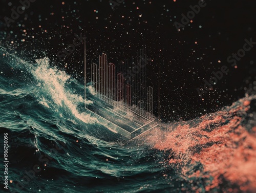 Abstract Data Visualization on Turbulent Ocean Waves Background