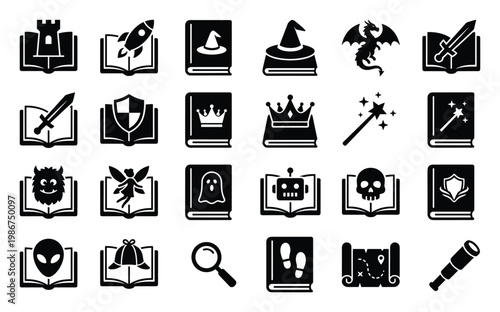 Collection of diverse book icons representing various literary genres like adventure, science fiction, magic, and mystery, suitable for publishing, educational, and digital design projects.