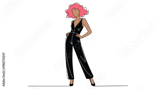 One continuous line illustration of an Girl  Fashion, isolated on white background.