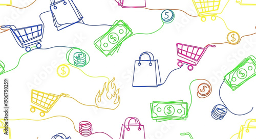 Vibrant, continuous line art pattern of shopping carts, bags, money, coins, and fire