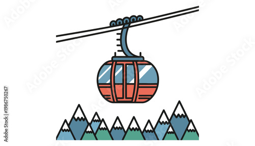 A cable car travels above a mountain range in a colorful illustration