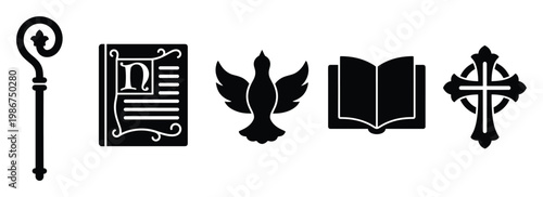 Religious symbols collection featuring a shepherds crook a medieval manuscript a dove an open book and an ornate cross for spiritual design applications