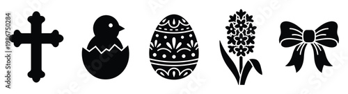 Religious cross chick hatching from an egg decorated Easter egg hyacinth flower and elegant bow symbolizing spring renewal and spiritual awakening ideal for holiday greetings or celebration