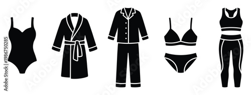 Collection of diverse womens intimate apparel sleepwear and activewear silhouettes perfect for online store product listings clothing catalogs or textile industry branding
