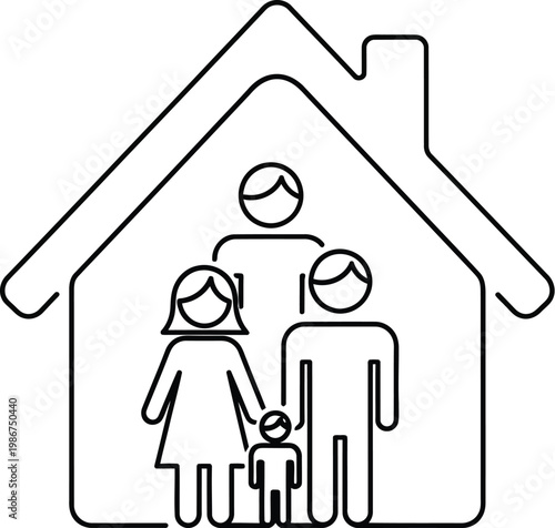 Simple black line art illustration showing a happy family standing together safely inside a cozy little house symbol icon