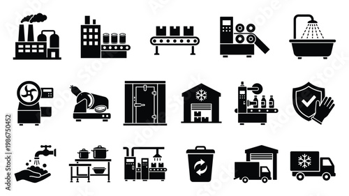 Food processing and manufacturing industry icons depicting production, packaging, hygiene, safety, cold storage, and logistics for business presentations and infographics.