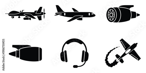 Collection of modern aviation icons representing aircraft, drone, jet engines, and pilot headset for aerospace industry presentations and flight technology applications