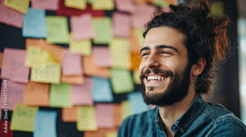 smiling man with many sticky notes in the background blurred
