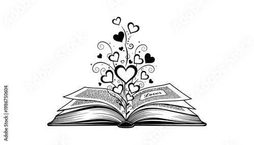 A heartwarming book illustration with hearts emerging from the pages