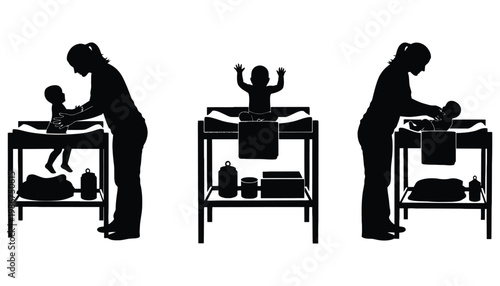 A mother changing baby diapers in a changing station silhouette illustration