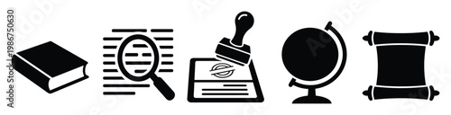 Collection of detailed black glyph icons symbolizing knowledge discovery historical documentation and global exploration perfect for educational materials and academic research