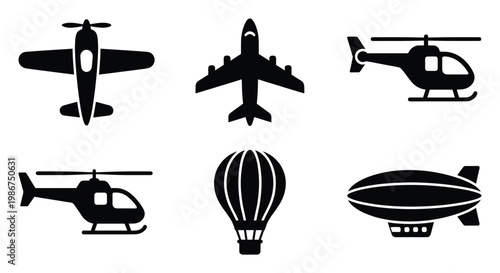 Air transport icons featuring various aircraft including propeller planes, jet aircraft, helicopters, hot air balloon, and a blimp for travel and aviation themed projects
