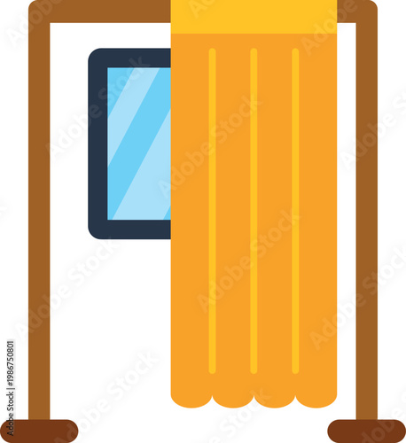 Dressing room booth showing a mirror and a yellow curtain on a white background