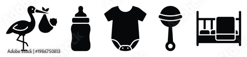 Essential set of baby icons featuring a stork with a newborn, feeding bottle, baby bodysuit, playful rattle, and a cozy crib, perfect for nursery decorations, baby showers, and childcare