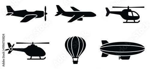 Aviation vehicle silhouettes presenting planes, helicopters, hot air balloon, and blimp, perfect for illustrating air travel, transportation, and aerospace concepts in graphic design.