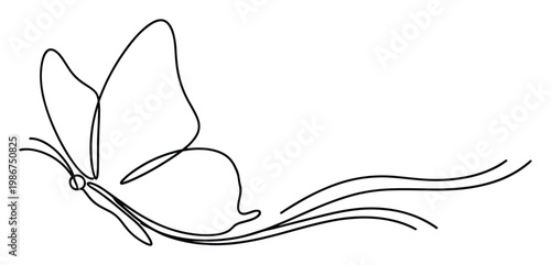 Elegant one line drawing of a flying butterfly with flowing decorative trails, perfect for tranquil nature themes, wedding invitations, or serene graphic projects.