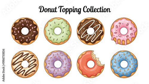 Donut Hand Drawn Illustration Set – Colorful Doughnut Vector Doodle Collection with Scribble Style Menu Elements, Various Toppings Including Chocolate, Matcha, Strawberry, Orange, Vanilla, and Caramel