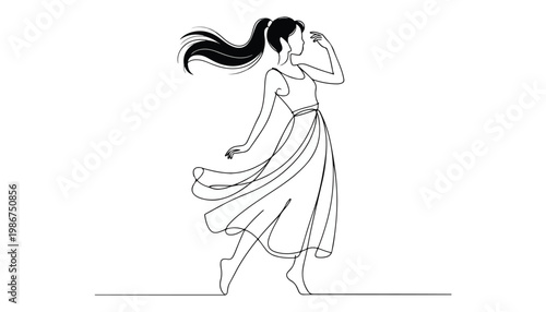One continuous line illustration of an Girl  Fashion, isolated on white background.