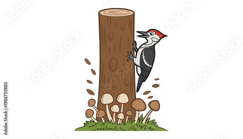 A woodpecker illustration climbing a tree trunk with mushrooms around the base