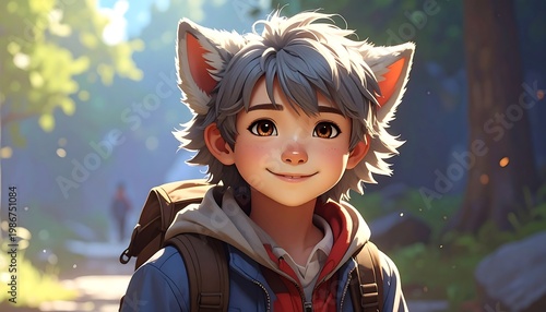A young cartoon character with wolf ears smiles in a forest
