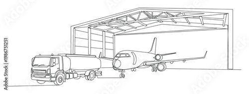 Line drawing depicting an airplane being refueled by a tanker truck inside a hangar, ideal for showcasing airport operations, maintenance, and industrial logistics in the aviation sector.