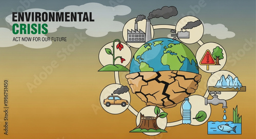 Environmental Crisis Illustration - Depicting Global Warming and Pollution Impact.