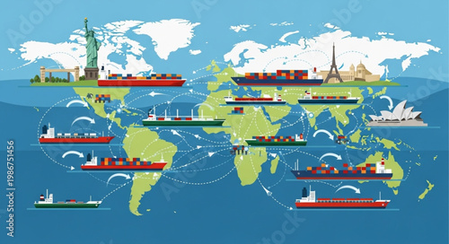 Global Trade Routes and Shipping Network Illustration.