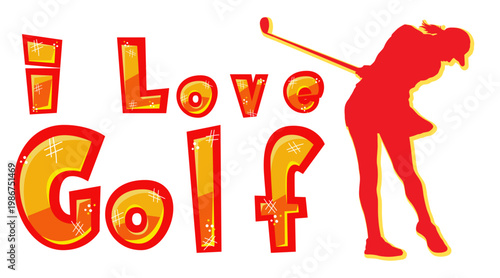 “I Love Golf” text in orange and yellow gradient with red golf player silhouette swinging club. Sparkle effects on letters. Energetic golf love design perfect for shirts and accessories.