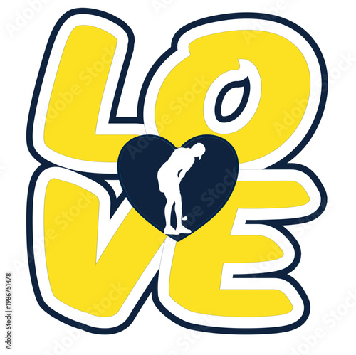 Yellow “LOVE” text with black heart containing white golf couple silhouette. Fun and romantic golf love design suitable for couples, wedding and anniversary gifts.