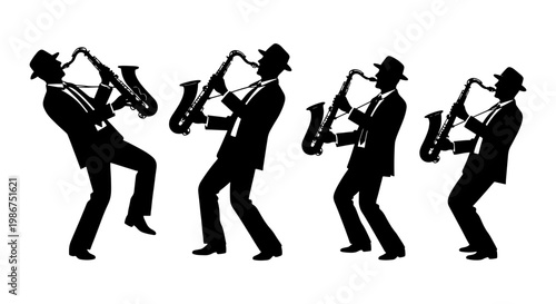 Jazz saxophone player silhouettes in various poses, vintage musician in suit and fedora hat, black and white vector set of saxophone performers
