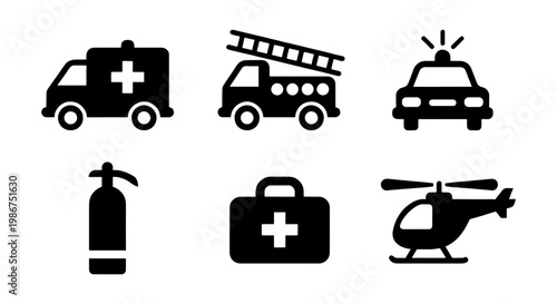 Emergency service icons set, black silhouette ambulance and fire truck vectors, police car and rescue helicopter symbols, 6 flat design elements