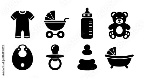 Baby icons set in black silhouette style, newborn care and nursery elements vector, infant clothing and toy collection for parenting apps