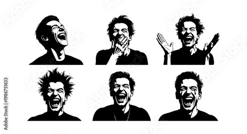 High contrast stencil vector set of laughing men, expressive male portraits with joyful facial expressions, black and white silhouette collection of 6 icons