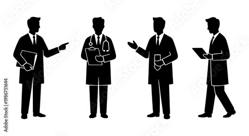 Professional doctor silhouettes in white coats, medical staff vector set with stethoscope and clipboard, healthcare workers in various poses