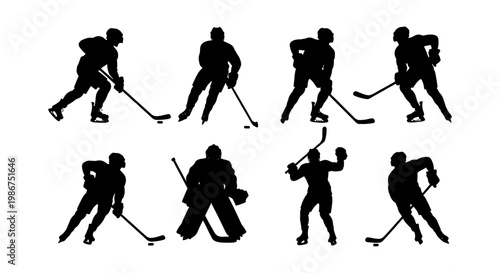 Ice hockey player silhouettes set, professional hockey athletes in action poses, black vector silhouettes of skaters and goalie, sports equipment icons