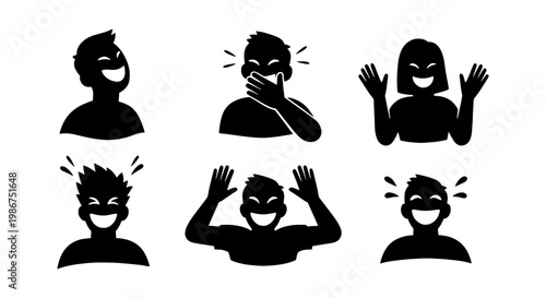 Laughing people silhouettes set, 6 black vector icons of happy characters, joyful human avatars with expressive laughter and smiling faces