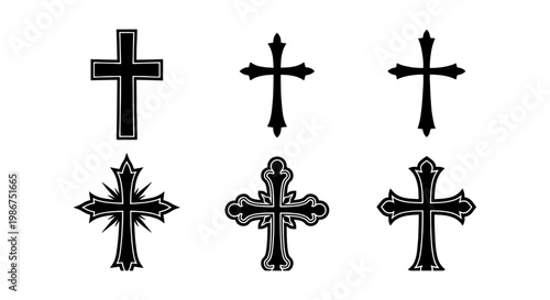 Gothic Christian cross vector set, black religious crucifix icons with ornate decorative details, 6 spiritual church symbols for tattoo design