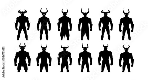 Demonic horned warrior silhouettes, 12 dark fantasy creature icons, black devil monster character set, mythological minotaur vector elements