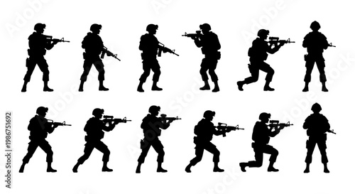 Military soldier silhouettes set, 12 tactical army infantry vector icons, armed special forces units in combat poses, black war fighter graphics