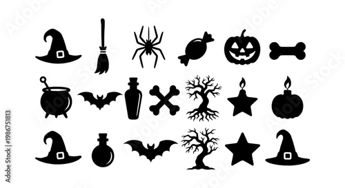 Halloween silhouette icon set, 21 spooky vector elements including witch hat and pumpkin, black holiday clip art for party invitations and decor