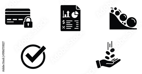Secure financial management icons illustrating data analysis, risk assessment, approved transactions, and earning money for business presentations and digital applications