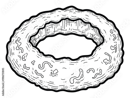 Rustic hand drawn fried food ring with wavy edges and textured surface in a monochrome outline sketch style for culinary menus and kitchen decor applications.