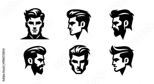 Barbershop logo set with 6 masculine male head silhouettes, stylish men's haircut and beard vector icons, modern grooming salon branding elements