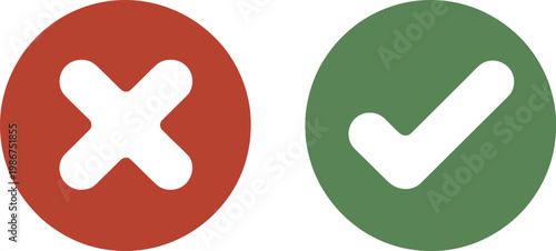 Checkmark, and cross icon set, vector icons of green tick and red cross for yes no choice approval denial and user interface design.