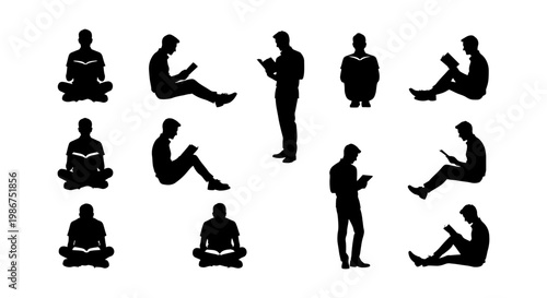 People reading books silhouettes, set of 12 male figures in sitting and standing poses, black vector icons of students and readers for library or education