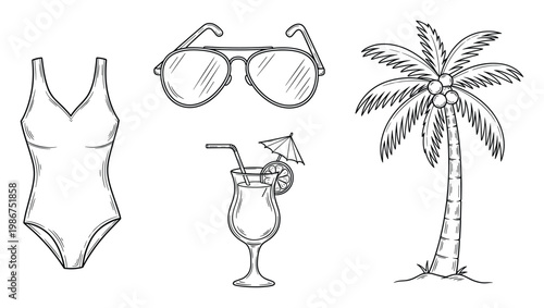 Tropical getaway elements featuring a onepiece swimsuit, aviator sunglasses, a fruity beverage, and a coconut palm tree for creating engaging seasonal and travel marketing materials and