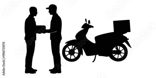 silhouette of package courier and customer